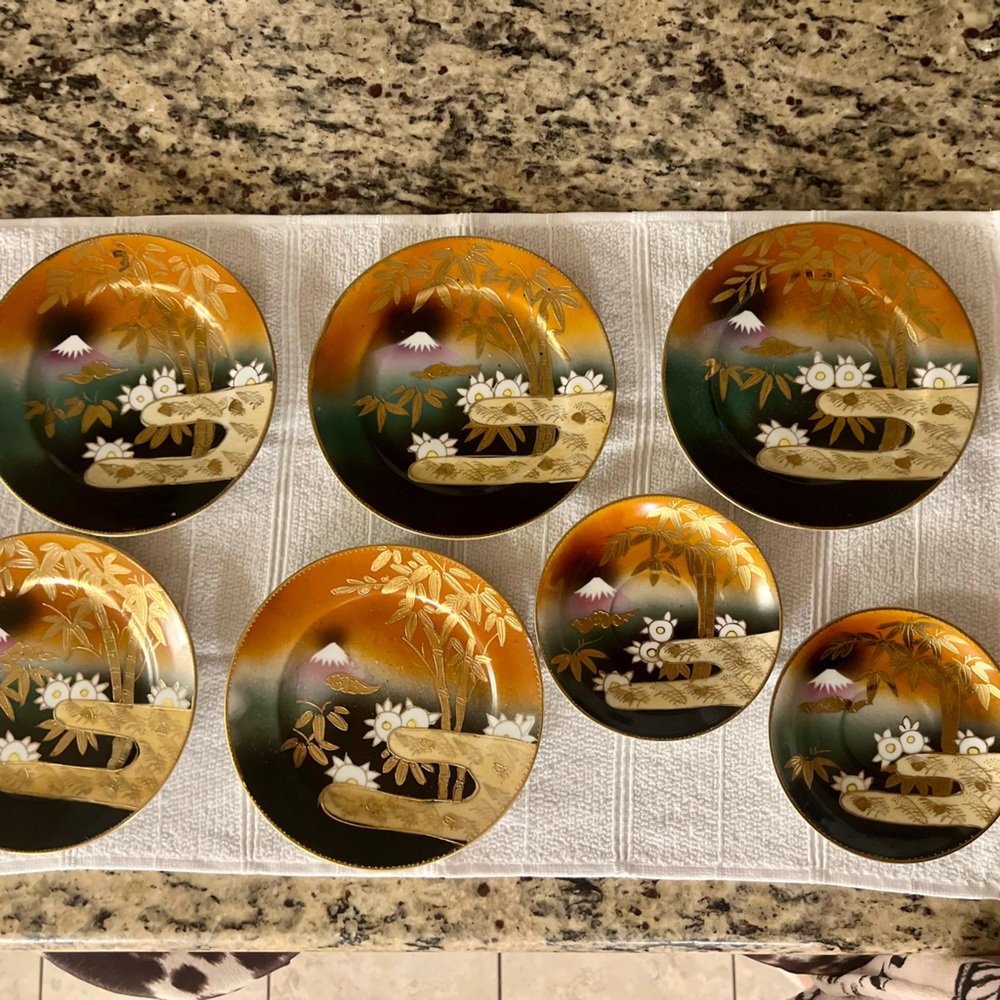 1940s Japanese Mt. Fuji Gold Hand painted Set of Plates